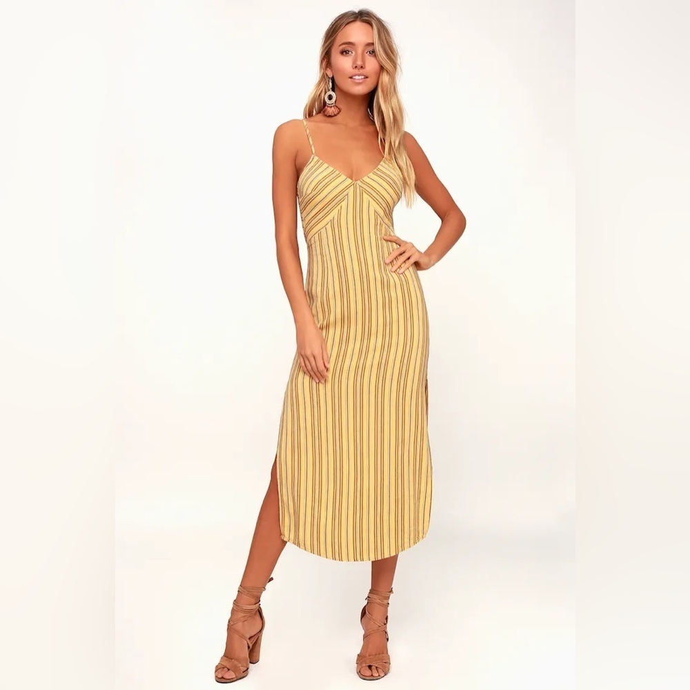 Amuse Society White Sands Yellow Striped Tie-Back Midi Dress